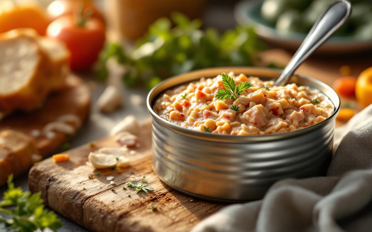 Boîte ouverte de pâte de poulet et de thon posée sur le plan de travail de la cuisine, cuillère dans la boîte, lumière naturelle chaude du matin, reflets métalliques sur la boîte, arrière-plan flou.