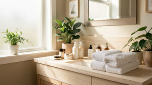 Salle de bain lumineuse avec produits de beauté sans marque, serviettes blanches soigneusement pliées et plantes vertes dans une ambiance apaisante.