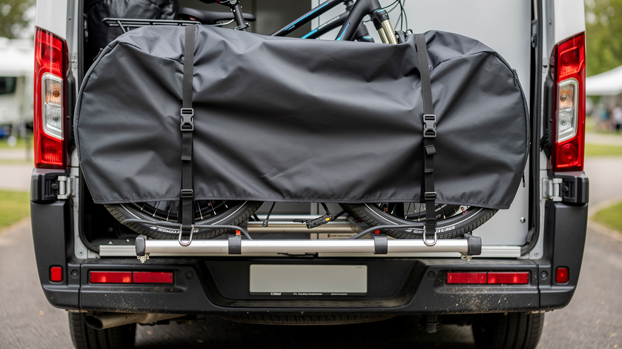 Gros plan sur des sangles de fixation maintenant une housse intégrale qui recouvre deux vélos à assistance électrique à l’arrière d’un campervan, avec les feux arrière et la plaque visibles.