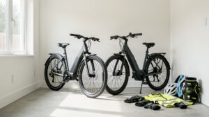Deux vélos électriques rangés dans un garage lumineux, accompagnés d’antivols, de casques, de gilets réfléchissants et de protections pour les genoux.