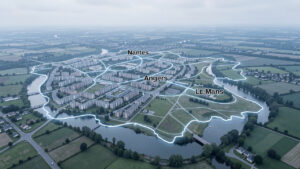Vue aérienne réaliste représentant Nantes, Angers et Le Mans comme trois pôles urbains reliés dans une représentation topographique des Pays de la Loire, avec des immeubles résidentiels, des routes, des espaces verts et une ambiance financière sobre.