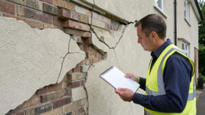 Façade d’une maison individuelle présentant des fissures en escalier, examinée visuellement par un professionnel tenant un carnet de relevés vierge.