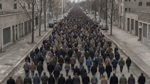 Manifestation urbaine pacifique vue de loin, avec un cortège dense avançant sur une large avenue et plusieurs silhouettes vêtues de noir dans une atmosphère documentaire réaliste.
